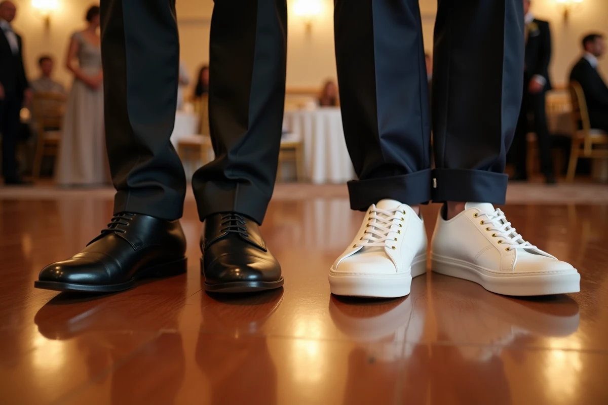 Comparaison entre chaussures habillées et sneakers blanches portées lors d'une réception de mariage
