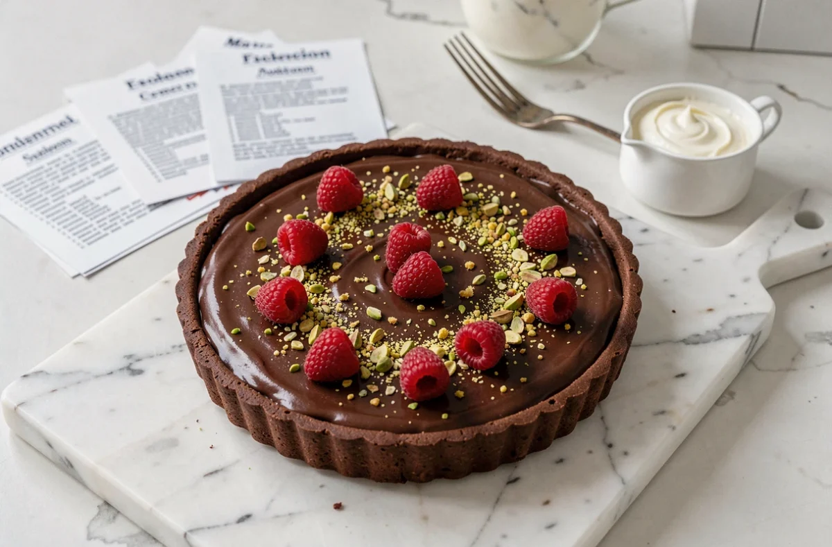 Tarte au chocolat maison garnie de framboises fraîches et de pistaches sur un plan de travail en marbre pour une recette gourmande