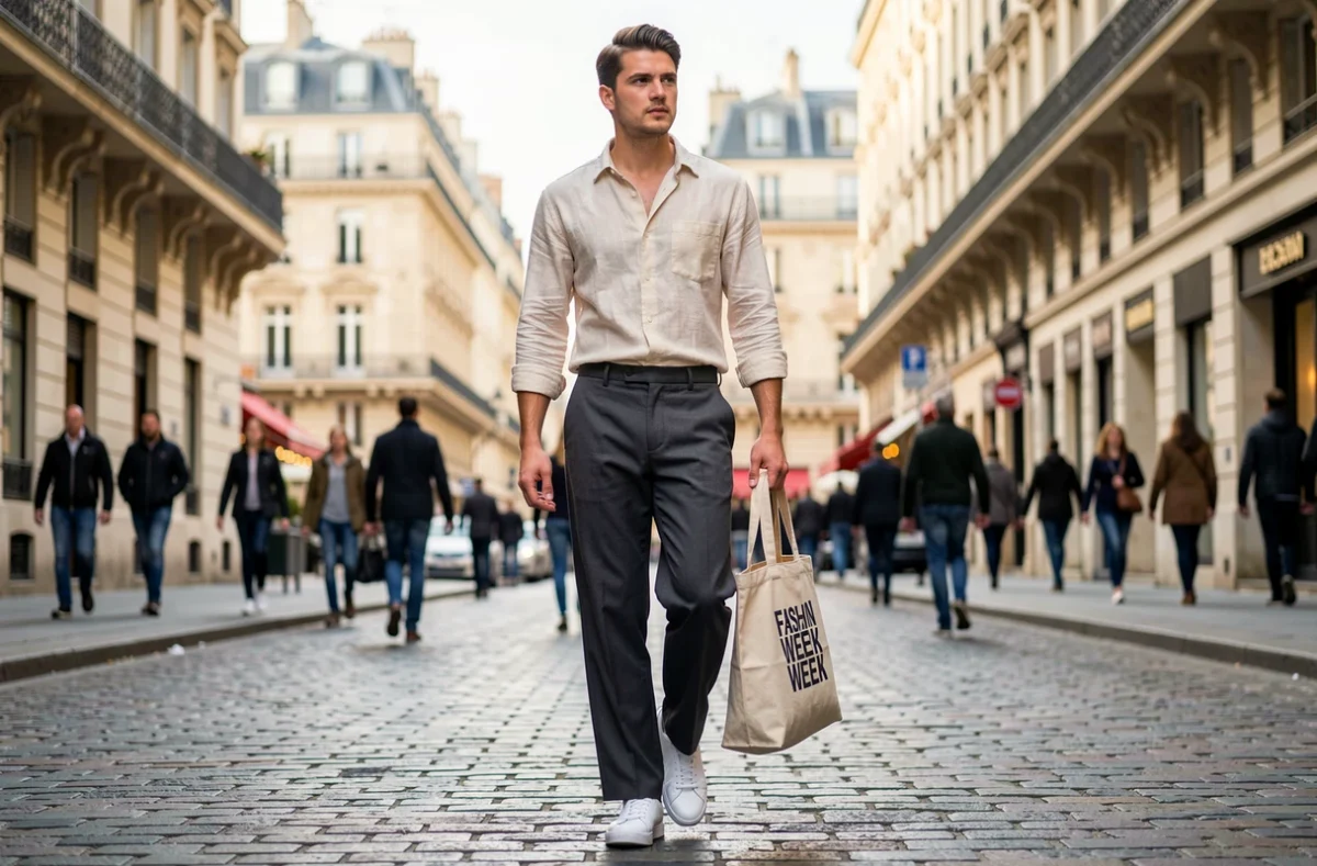 Homme tendance en tenue mode urban chic marchant dans une rue pavée européenne lors de la fashion week