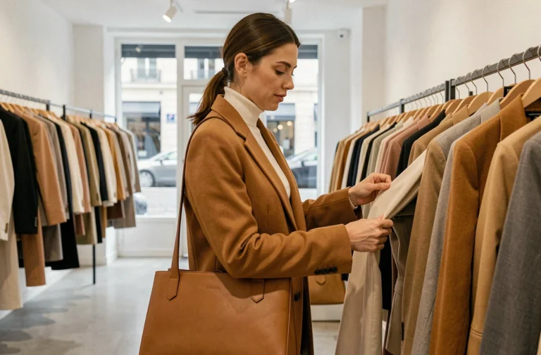 Femme élégante en blazer camel tendance faisant du shopping dans une boutique concept parisienne minimaliste